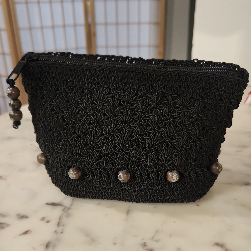 Vintage | Crocheted Black Wooden Engraved Beaded Cosmetic Bag